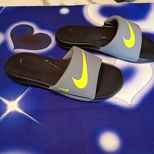 Nike Black and Neon Yellow Slide Sandals